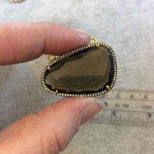 Smoky Quartz Bezel Pendant: Gold Cz Rim, Freeform Shape (37mm X 24mm)
