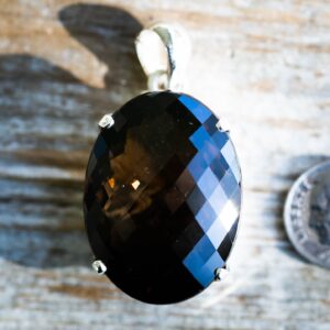 Checkerboard Smoky Quartz Pendant – Sterling Silver, Large Gemstone