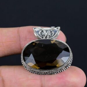 Faceted Smoky Quartz 925 Sterling Silver Pendant - Handmade Vintage Jewelry