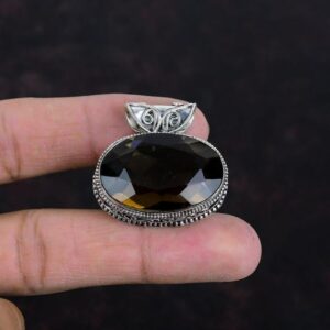 Faceted Smoky Quartz 925 Sterling Silver Pendant - Vintage Statement Jewelry
