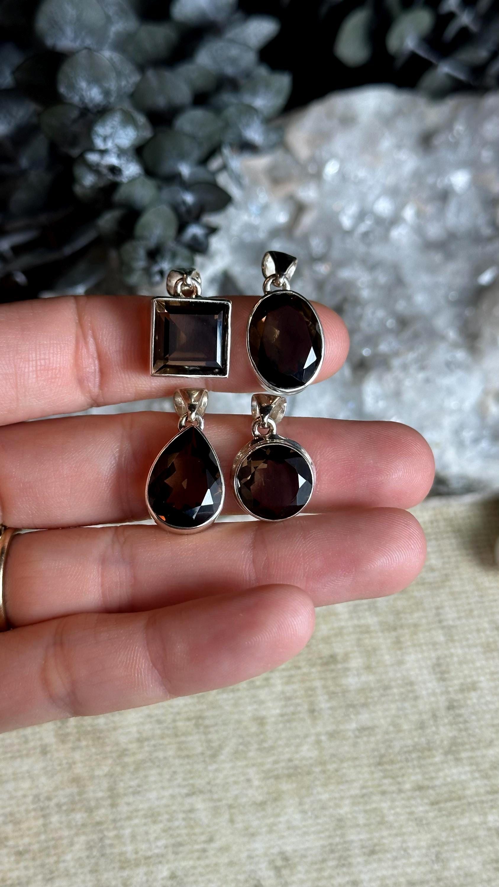 Faceted Smoky Quartz Pendant Necklace, .925 Sterling Silver, Teardrop, Oval
