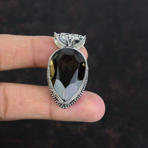 Faceted Smoky Quartz Pendant: Vintage 925 Sterling Silver Handmade Jewelry Faceted Smoky Quartz Pendant: Vintage 925 Sterling Silver Handmade Jewelry