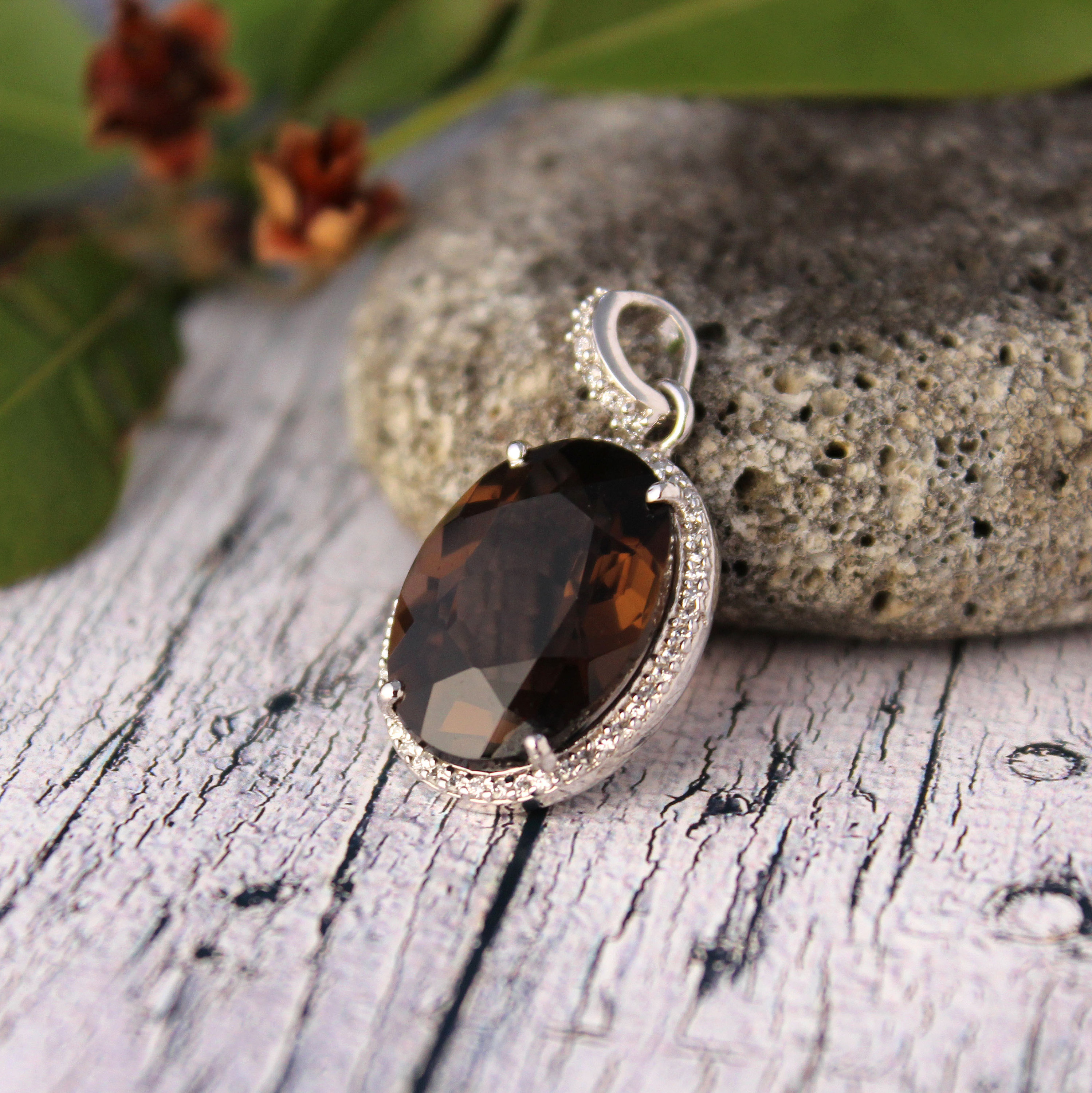 Smoky Quartz Pendant-halo Quartz Cluster Pendant-925 Silver-art Deco Quartz Pendant-quartz Pendant-bridal Gift-smoky Quartz Vintage Pendant