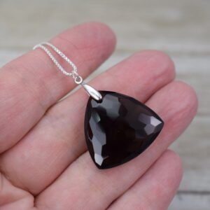 Smoky Quartz Hammered Trillion Pendant / Necklace (sterling Silver) - Large Natural Quartz - Choice Of Chain