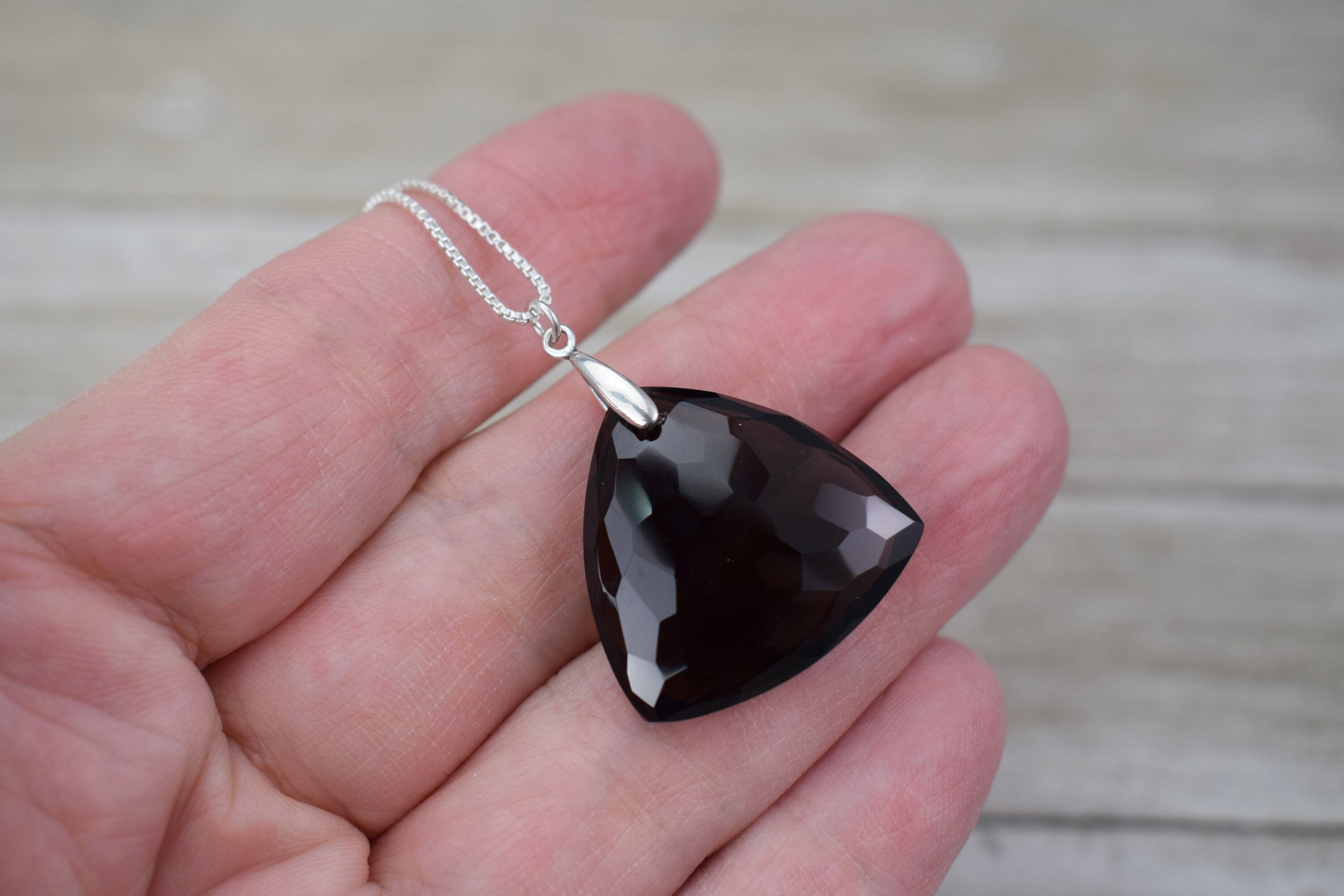 Smoky Quartz Hammered Trillion Pendant / Necklace (sterling Silver) - Large Natural Quartz - Choice Of Chain