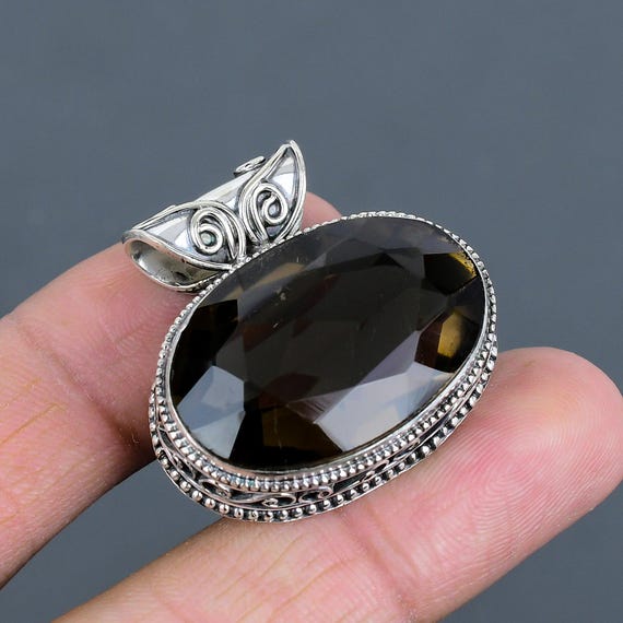 Handmade Faceted Smokey Quartz 925 Sterling Silver Pendant