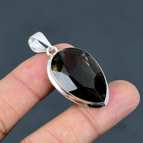 Handmade Pear Smokey Quartz Pendant: Vintage Sterling Silver Jewelry