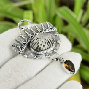 Handmade Sterling Silver Stingray Coral & Smokey Quartz Pendant