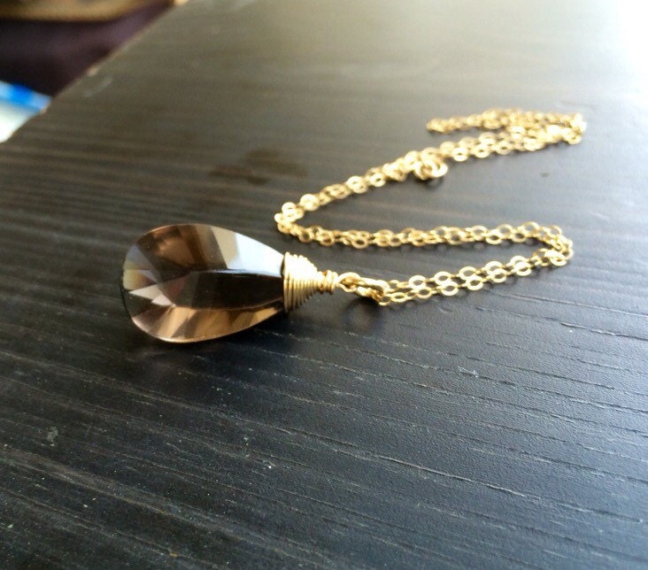 Handmade Smoky Quartz Teardrop Pendant: 14k Gold Fill Wire Wrapped Necklace