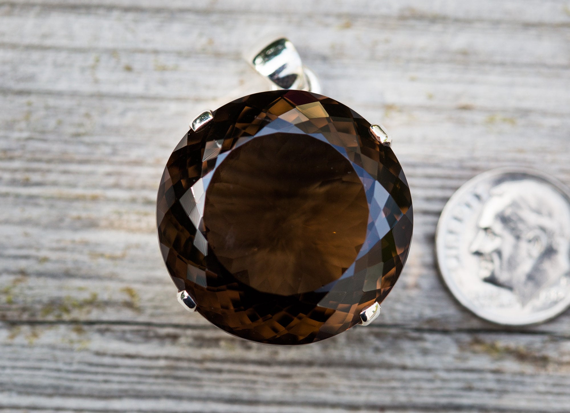 Large Round Smoky Quartz Pendant: Sterling Silver Necklace