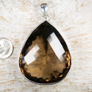 Large Smoky Quartz Sterling Silver Pendant - Checkerboard Cut