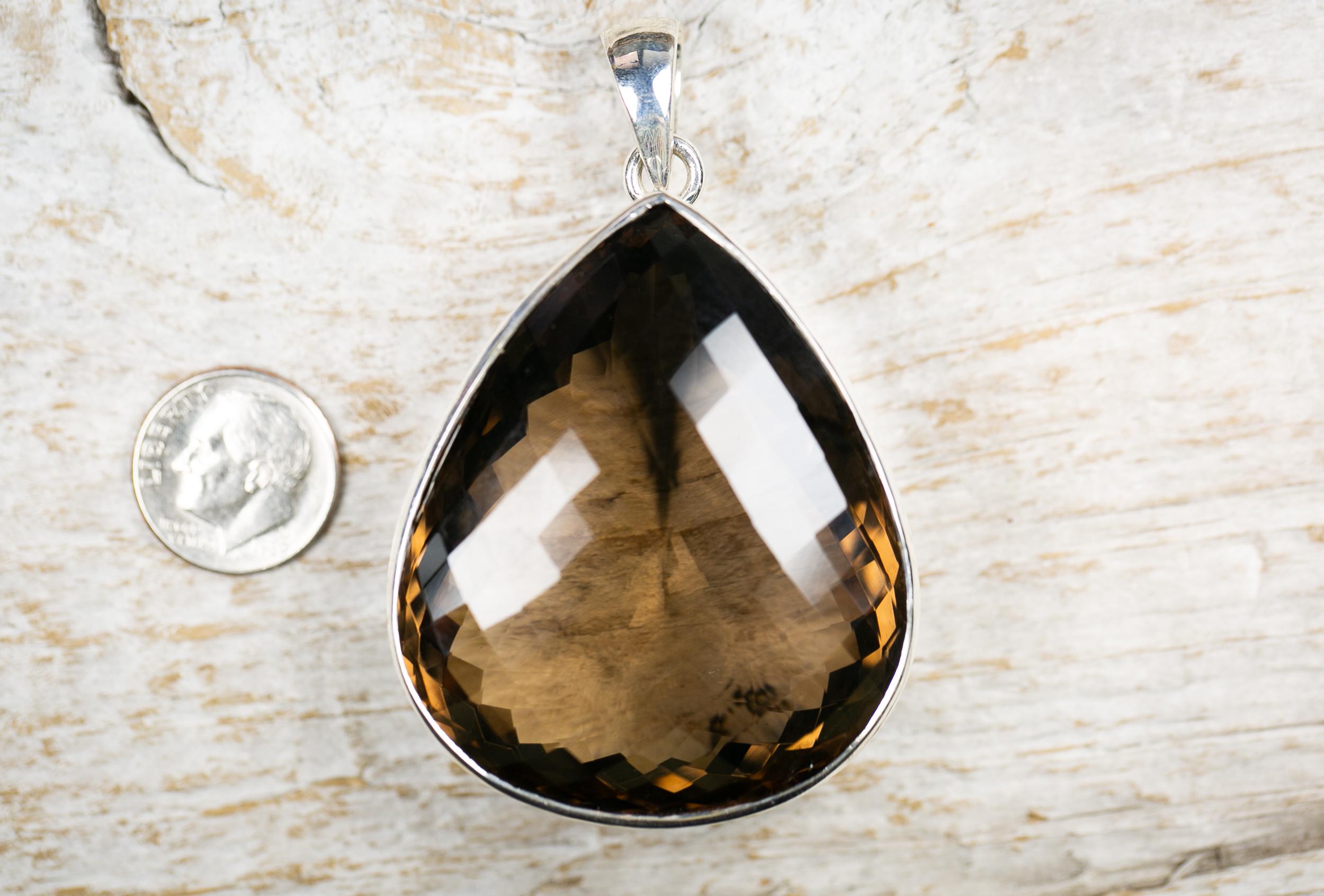 Large Smoky Quartz Sterling Silver Pendant - Checkerboard Cut Large Smoky Quartz Sterling Silver Pendant - Checkerboard Cut