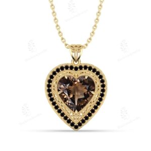 Natural Smoky Quartz Heart Shaped Pendant Art Deco Halo Design Necklace For Women Antique Filigree Style Pendant 925 Silver Pendant For Her