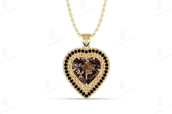 Natural Smoky Quartz Heart Shaped Pendant Art Deco Halo Design Necklace For Women Antique Filigree Style Pendant 925 Silver Pendant For Her Natural Smoky Quartz Heart Shaped Pendant Art Deco Halo Design Necklace For Women Antique Filigree Style Pendant 925 Silver Pendant For Her