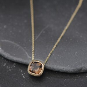 Smoky Quartz Necklace In 18k Gold, Cushion Cut Gold Pendant, Gift For Her