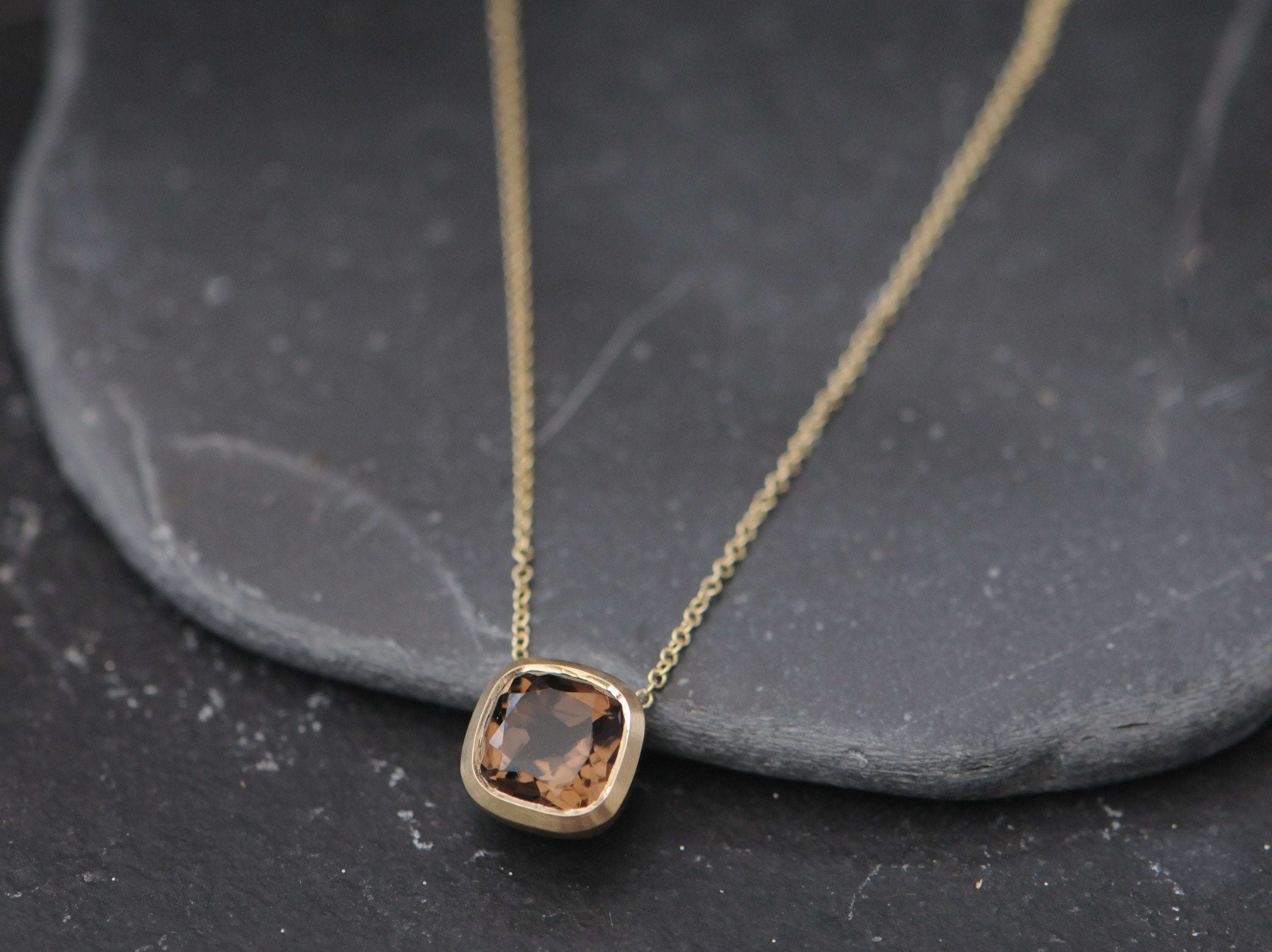 Smoky Quartz Necklace In 18k Gold, Cushion Cut Gold Pendant, Gift For Her