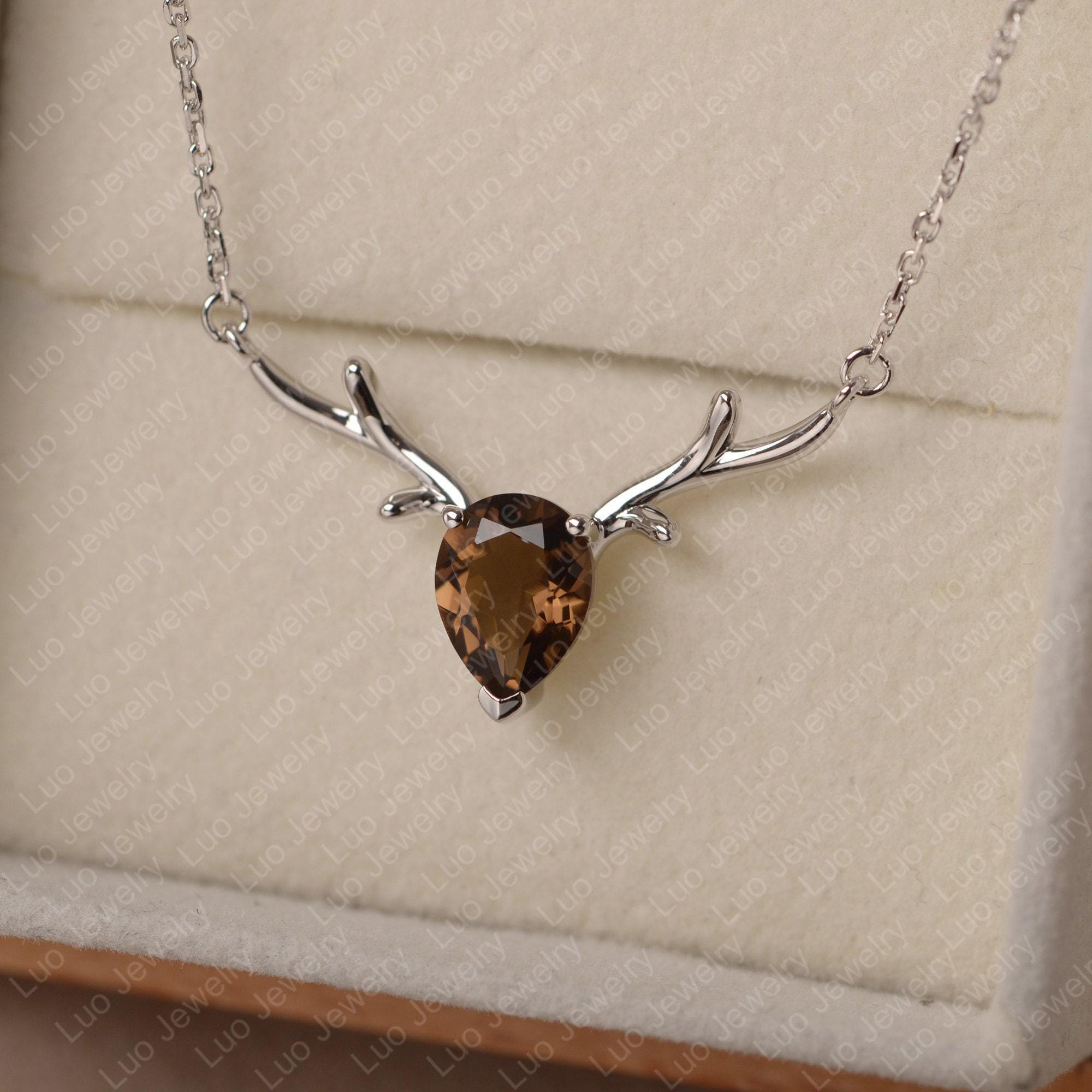Smoky Quartz Necklace, Pear Cut, Sterling Silver Necklace, Antler Pendant, Deer Animal Necklace, Necklace For Women