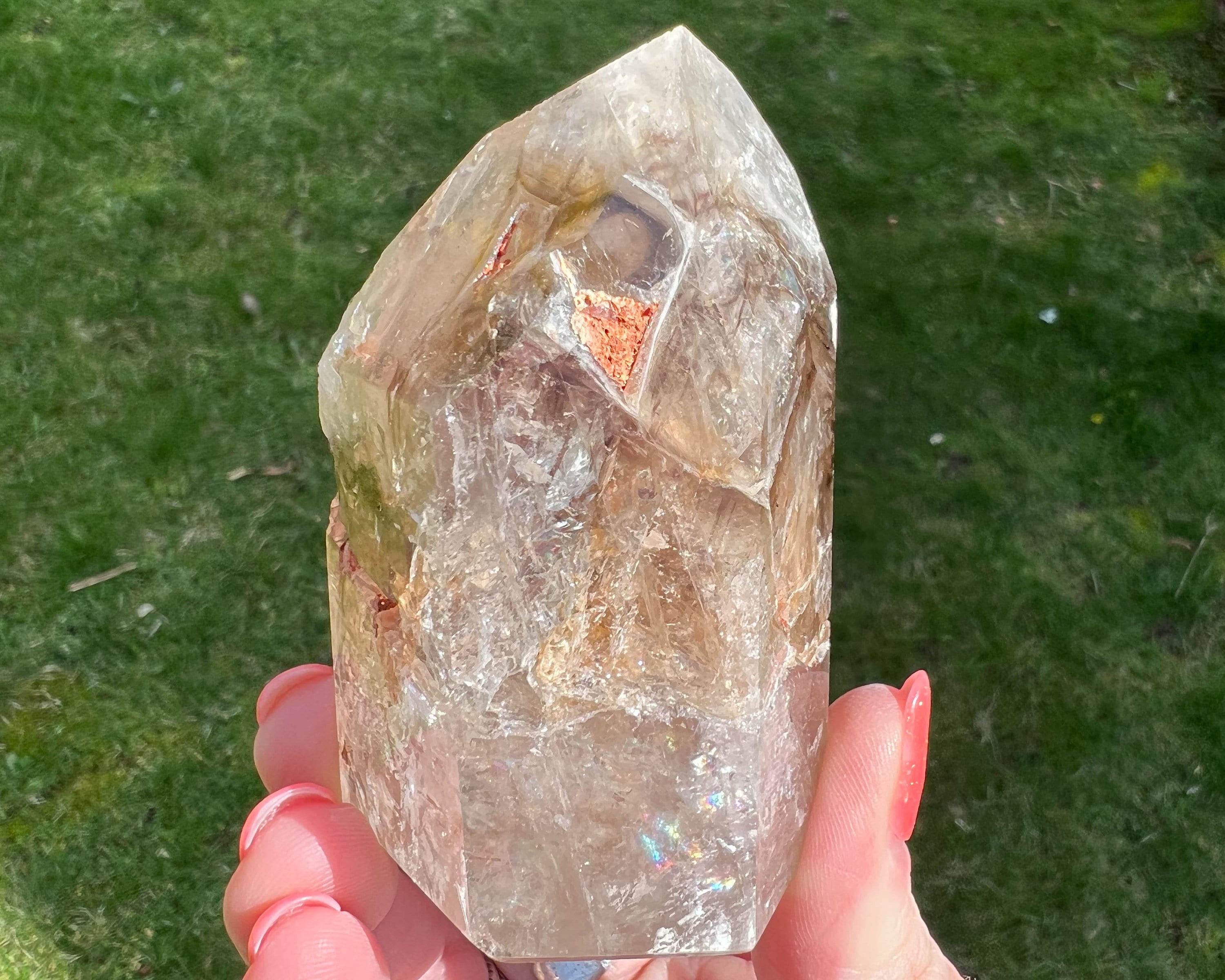 3.2 In Elestial Quartz Tower With Rainbows, Skeletal Smoky Quartz, Semi Polished Point #2