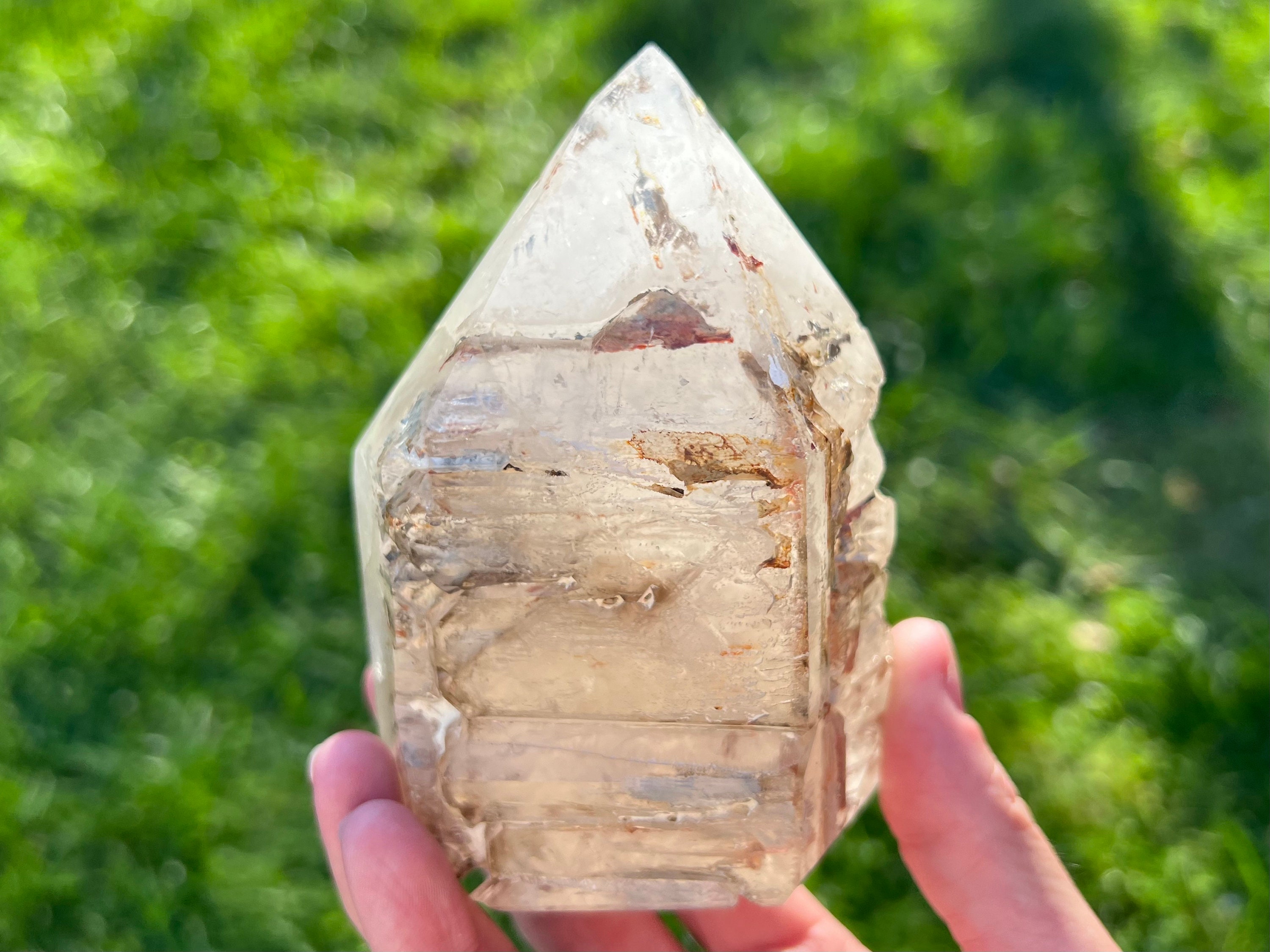 4.3" Elestial Quartz Crystal Tower, Large Skeletal Smoky Quartz Point, Semi Polished, Self Standing Gemstone For Home Decor