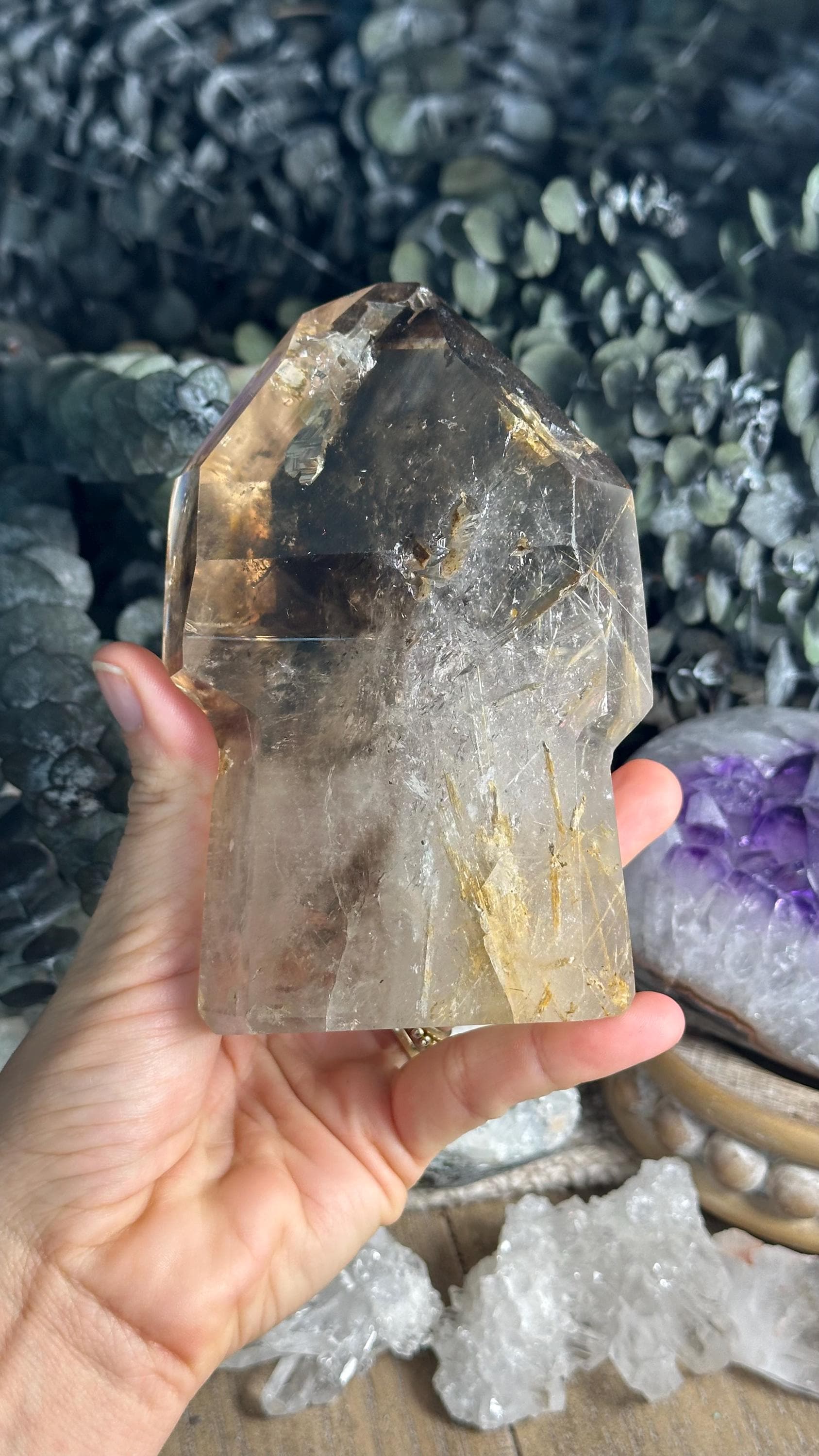 Smoky Quartz Scepter Tower: Phantom Rutile Mineral Smoky Quartz Scepter Tower: Phantom Rutile Mineral