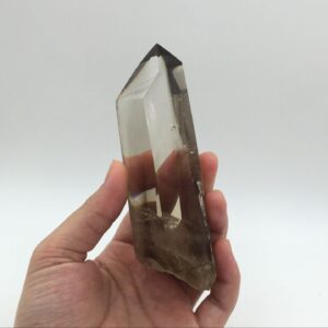 5" Top Quality Smoky Quartz Tower Point Large Smoky Quartz Crystal Wand Obelisk with Wood Standing Mineral Specimen Healing Display CD-S10