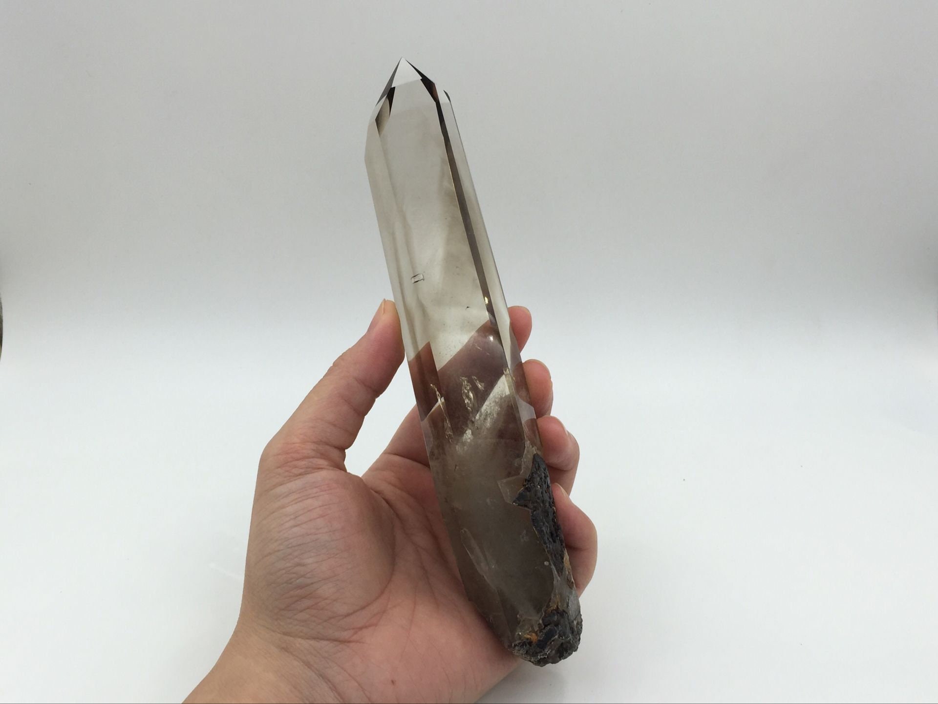 7.3" Top Quality Smoky Quartz Tower Point Large Smoky Quartz Crystal Wand Obelisk With Wood Standing Mineral Specimen Healing Display Cd-s14