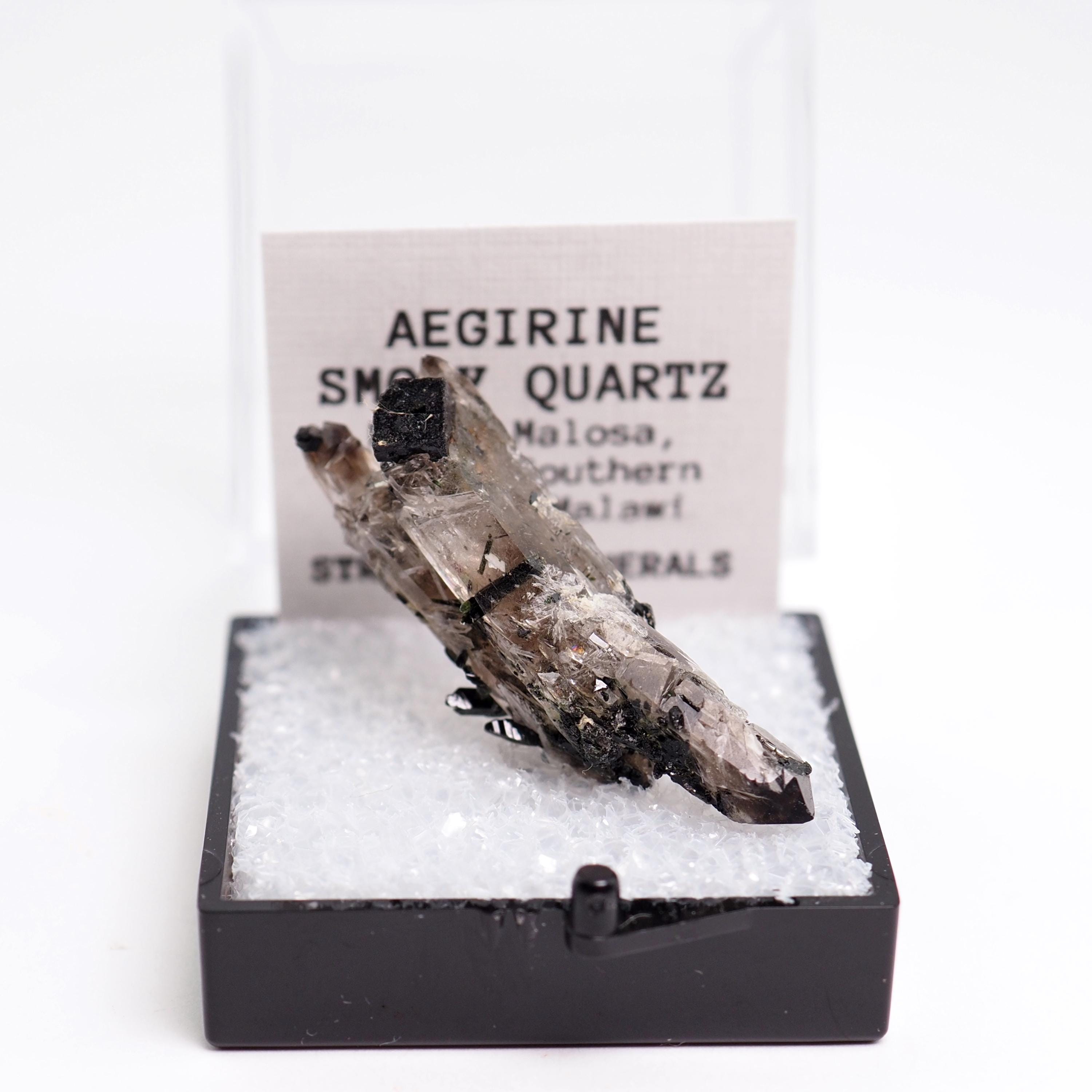 Aegirine In Smoky Quartz Malawi - Thumbnail Box Mineral Specimen Aegirine In Smoky Quartz Malawi - Thumbnail Box Mineral Specimen