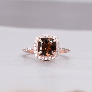 14k Smoky Quartz Halo Ring, Cushion Cut Statement Ring 14k Smoky Quartz Halo Ring, Cushion Cut Statement Ring
