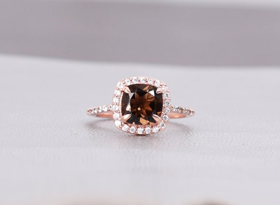 14k Smoky Quartz Halo Ring, Cushion Cut Statement Ring 14k Smoky Quartz Halo Ring, Cushion Cut Statement Ring