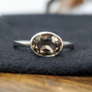 14k Yellow White  gold Smoky Quartz East to West Ring Minimalist Ring  7mm x 5mm  Oval East West Ring - Smoky Quartz Ring - Made to Order