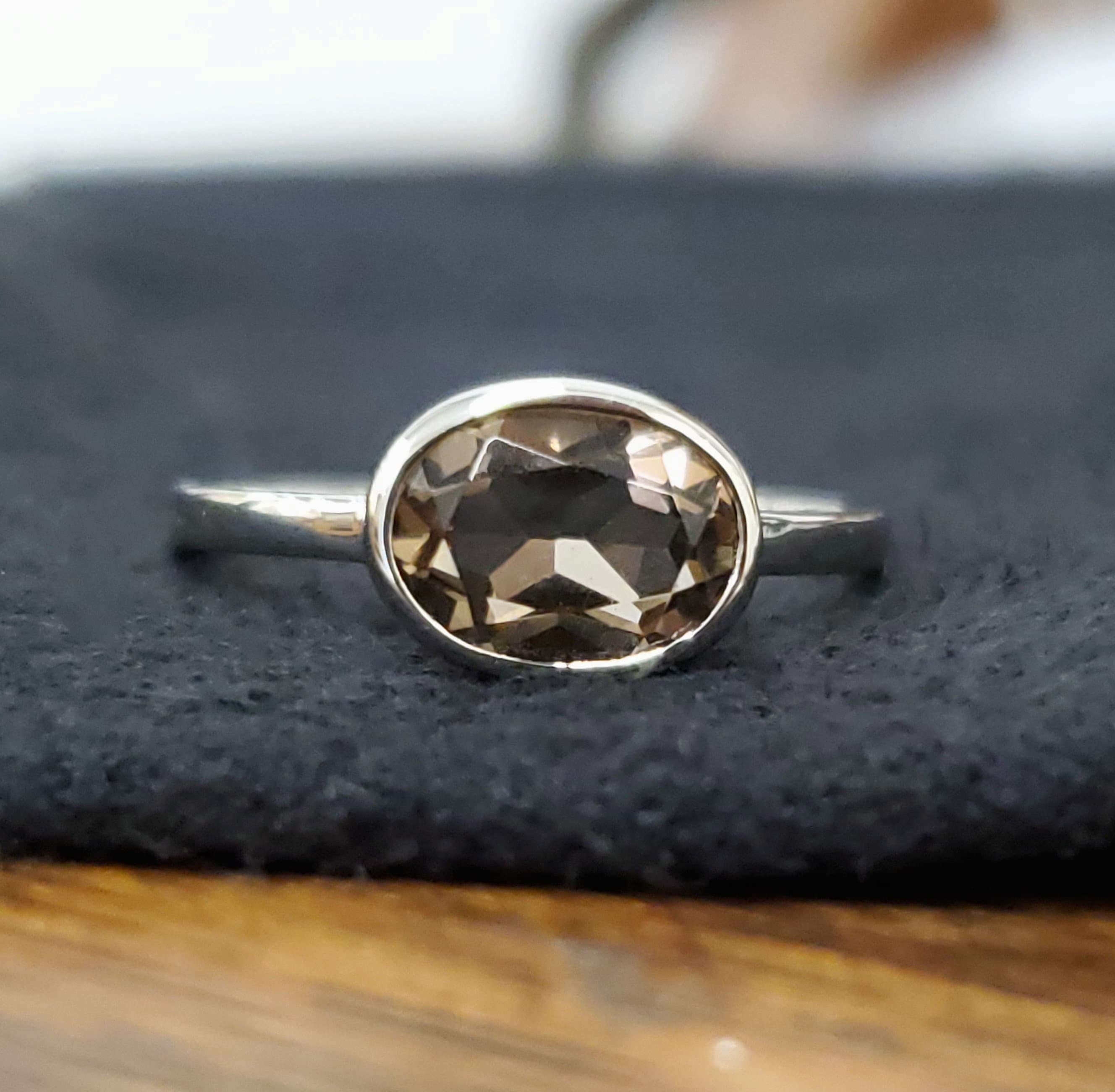 14k Yellow White  Gold Smoky Quartz East To West Ring Minimalist Ring  7mm X 5mm  Oval East West Ring - Smoky Quartz Ring - Made To Order