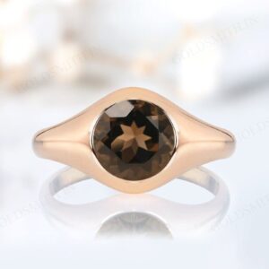 Brown Smoky Quartz Signet Engagement Ring For Women 925 Sterling Silver Signet Ring Unique Round Shaped Smoky Quartz Wedding Ring For Her