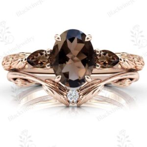 Smoky Quartz Engagement Ring Set For Women Vine Leaf Design Bridal Ring Set 14k Gold Smoky Quartz Art Deco 2 Piece Ring Set Gift For Women Smoky Quartz Engagement Ring Set For Women Vine Leaf Design Bridal Ring Set 14k Gold Smoky Quartz Art Deco 2 Piece Ring Set Gift For Women