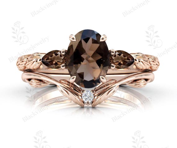 Smoky Quartz Engagement Ring Set For Women Vine Leaf Design Bridal Ring Set 14k Gold Smoky Quartz Art Deco 2 Piece Ring Set Gift For Women