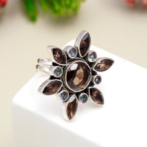 Smoky Quartz Floral Ring: 925 Sterling Silver Statement Jewelry