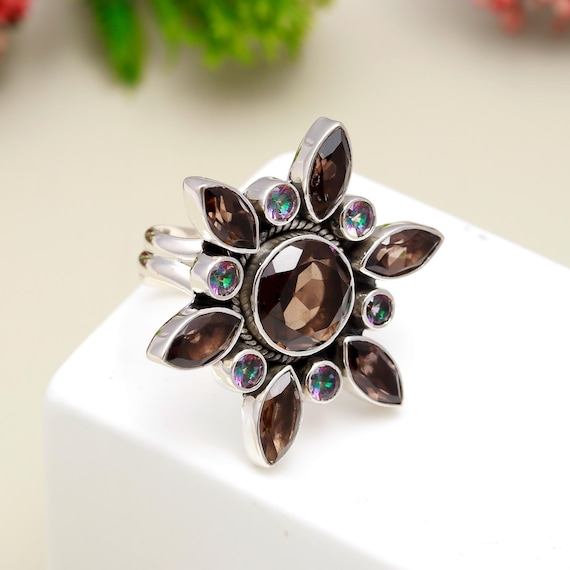 Smoky Quartz Floral Ring: 925 Sterling Silver Statement Jewelry Smoky Quartz Floral Ring: 925 Sterling Silver Statement Jewelry