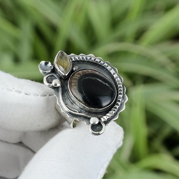 Handmade Moroccan Fossil & Smokey Quartz Ring, Sterling Silver Size 7 Handmade Moroccan Fossil & Smokey Quartz Ring, Sterling Silver Size 7