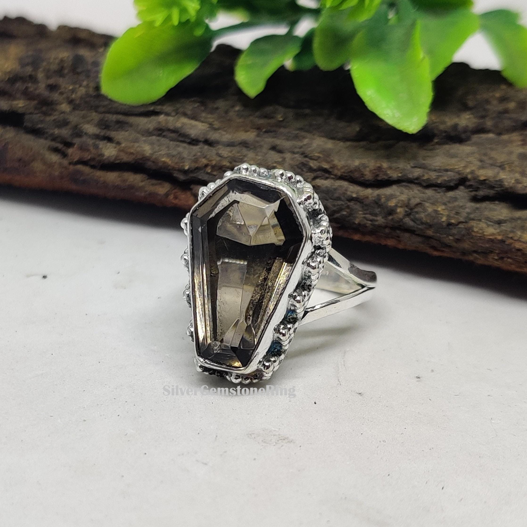 Natural Smokey Quartz Ring, Coffin Shape Ring, Solid 925  Sterling Silver, Handcrafted Silver Ring, Genuine Gemstone, Women Ring, Gift Him