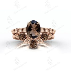 Nature Inspire Leaf Design Ring Set For Women Art Deco Smoky Quartz Gemstone Engagement Ring Set 925 Silver 2 Pcs Bridal Promise Ring Set Nature Inspire Leaf Design Ring Set For Women Art Deco Smoky Quartz Gemstone Engagement Ring Set 925 Silver 2 Pcs Bridal Promise Ring Set