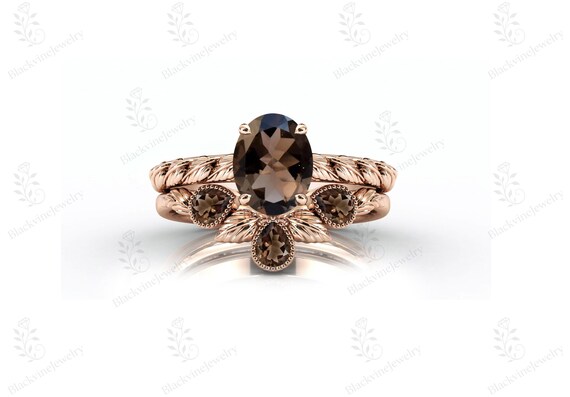 Nature Inspire Leaf Design Ring Set For Women Art Deco Smoky Quartz Gemstone Engagement Ring Set 925 Silver 2 Pcs Bridal Promise Ring Set