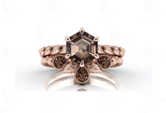 Nature Inspire Smoky Quartz Engagement Ring Set For Women 925 Silver Wedding Ring Set Art Deco 2 Pcs Leaf Design Ring Set Gift For Women