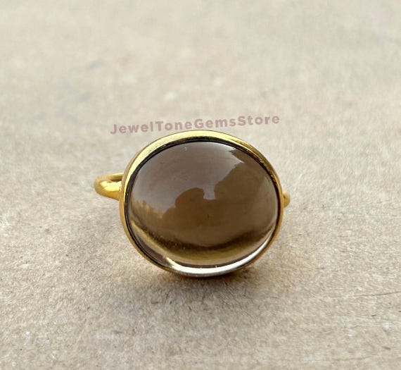 Smoky Quartz Ring: Oval Cabochon, Sterling Silver Solitaire Smoky Quartz Ring: Oval Cabochon, Sterling Silver Solitaire