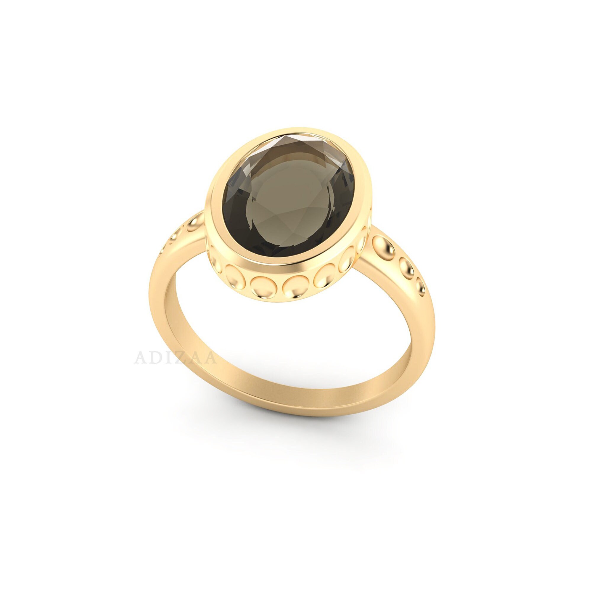 Smoky Quartz Oval Shape Engraved Textured Classy Ring, Handmade Minimalist Ring, 18k Gold Finish Ring For Women, Anniversary Gift