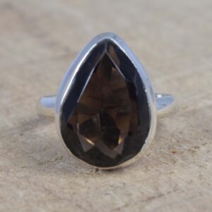 Smoky Quartz Pear Cut Ring, 925 Sterling Silver, November Birthstone