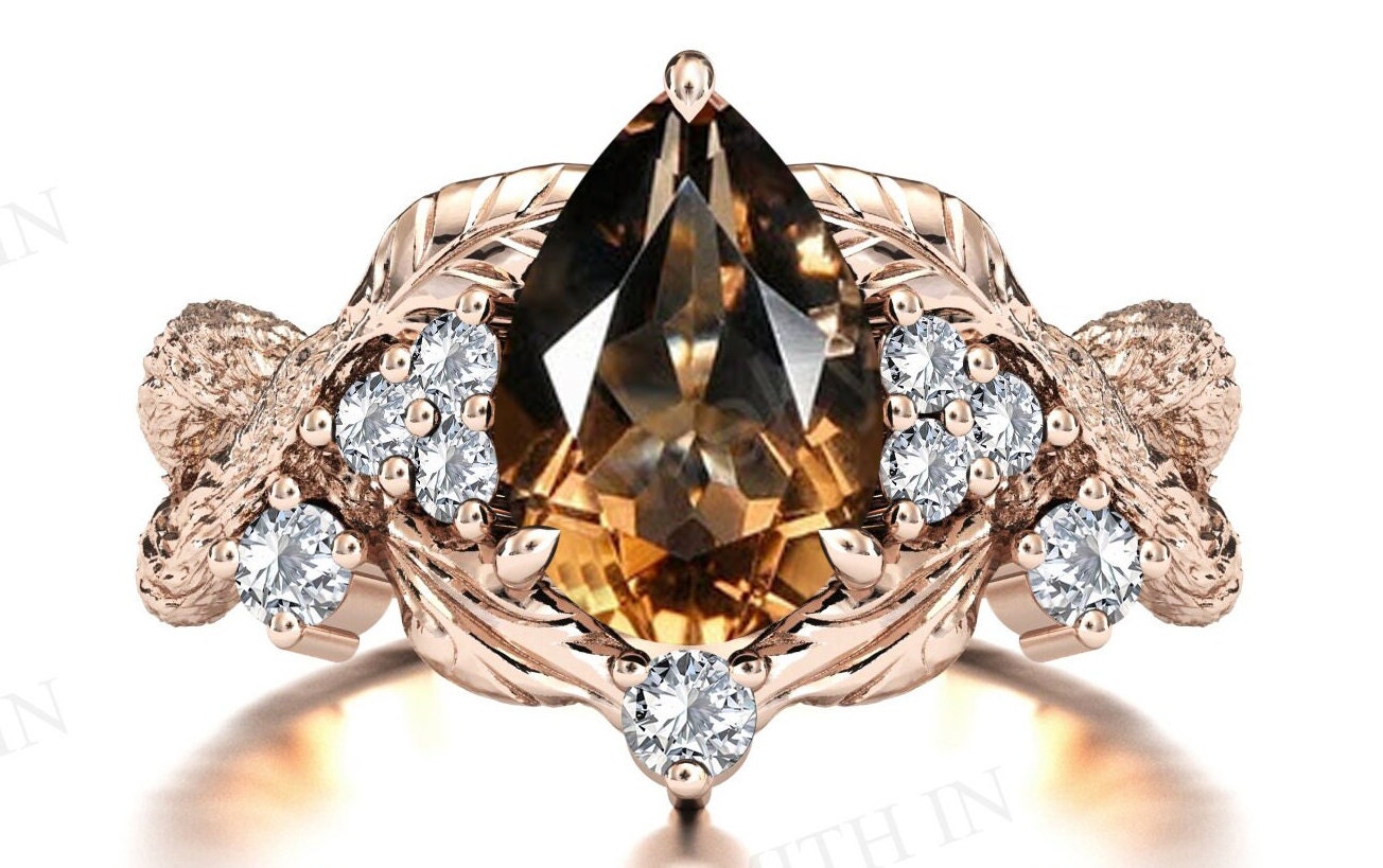 Pear Shaped Smoky Quartz Engagement Ring Branch Texture Wedding Ring Tree Texture Smoky Quartz Ring Art Deco Leaf Design Bridal Promise Ring Pear Shaped Smoky Quartz Engagement Ring Branch Texture Wedding Ring Tree Texture Smoky Quartz Ring Art Deco Leaf Design Bridal Promise Ring