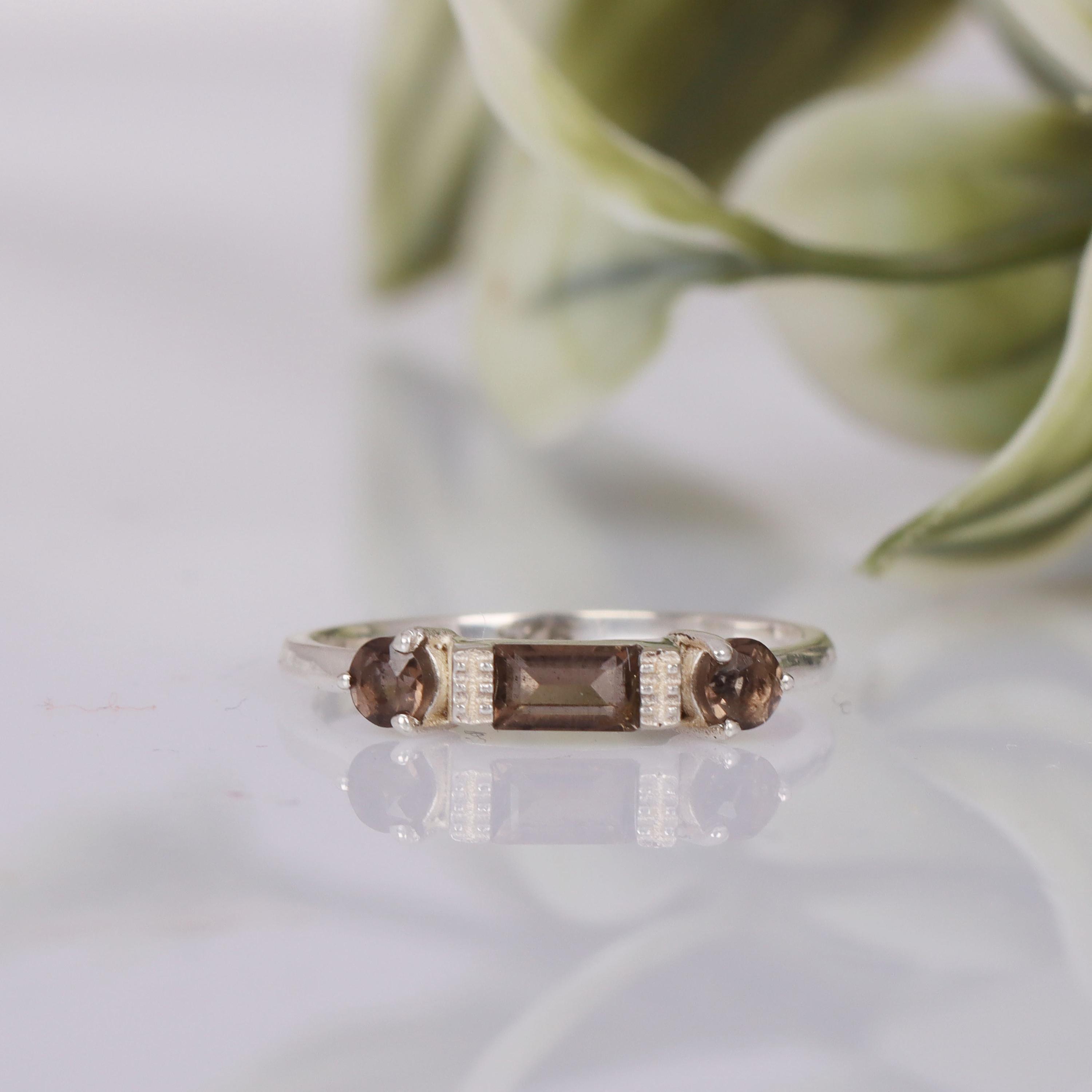 Smokey Quartz Sterling Silver Ring: Dainty November Birthstone