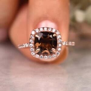 Smoky Quartz Ring, Sterling Silver Cushion Halo, Anniversary Gift