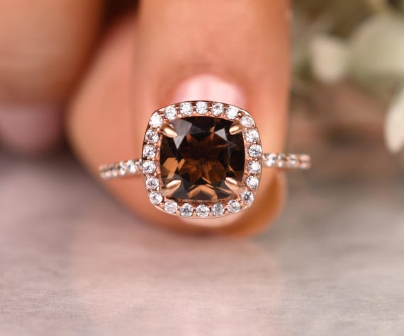 Smoky Quartz Ring, Sterling Silver Cushion Halo, Anniversary Gift Smoky Quartz Ring, Sterling Silver Cushion Halo, Anniversary Gift