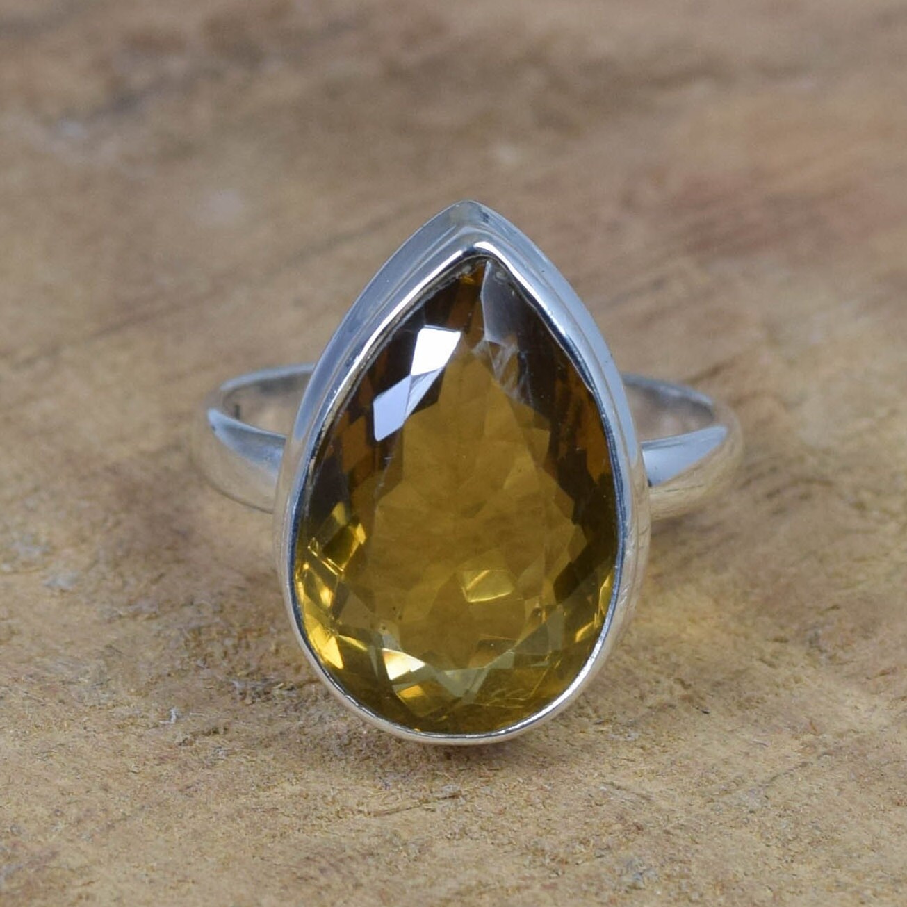 Smoky Quartz Sterling Silver Ring: Pear Faceted Gemstone, Handmade