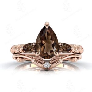 Vine Leaf Smoky Quartz Engagement Ring Set 925 Sterling Silver Wedding Ring Set Art Deco Brown Gemstone Ring Set Antique Leaf Style Ring Set